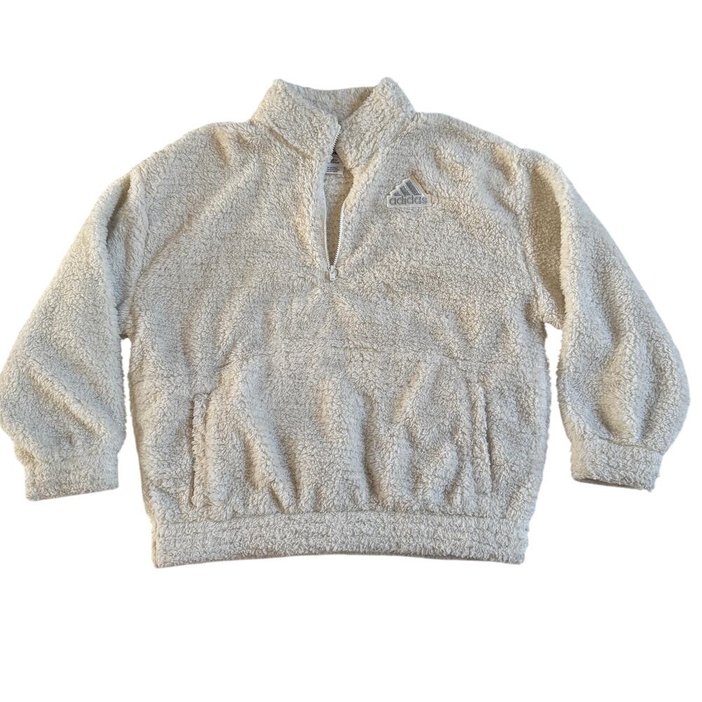 Adidas White Sweatshirt Lurex Sherpa Fleece Loose Fit Metallic Size 16 Mock Neck